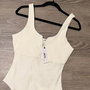 Cream Ribbed Scoop-Neck Bodysuit with Wide Straps